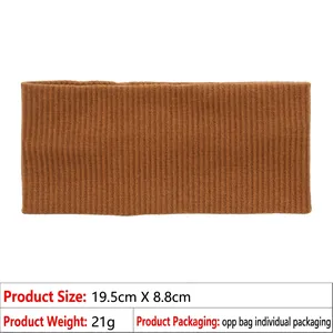 Detail view of brown ribbed knit sports headband showing 19.5cm x 8.8cm dimensions