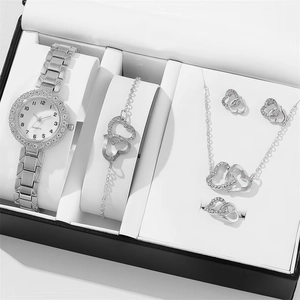 Silver quartz watch and heart jewelry set with rhinestones in a black gift box