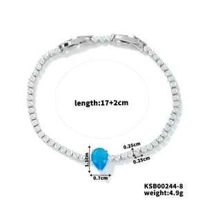 Detailed view of silver bracelet with water drop blue zircon and size specifications