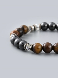 Men's Tiger Eye and Hematite beaded bracelet with faceted crystal accents and silver spacers