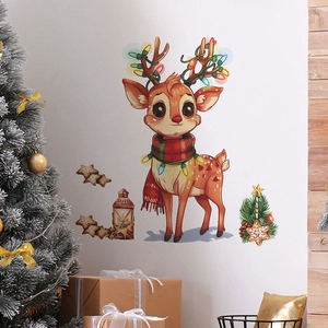 Cartoon reindeer and Christmas star wall decals displayed on a clean white wall