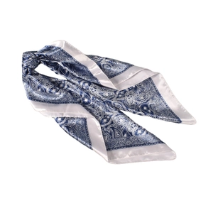 Navy blue and white paisley pattern satin silk scarf with an elegant glossy finish