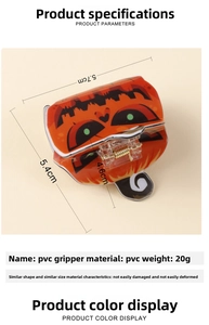 Détail de la pince à cheveux citrouille montrant les dimensions 5,7cm x 5,4cm et le PVC