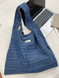 Blue striped knit tote bag for women with large capacity and minimalist wide shoulder strap