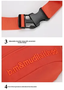 Detail of orange canvas bag featuring adjustable strap, buckle and logo embroidery
