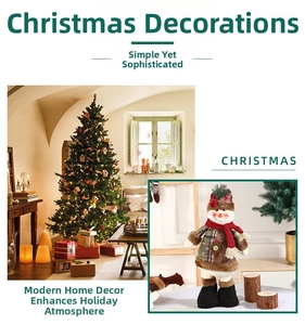 Detailed close-up of a plush Christmas snowman doll in a festive living room setting