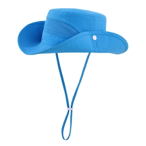 Close-up of blue sun hat detail showing breathable mesh panels and adjustable wind cord