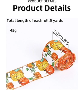 Détail du ruban citrouille d'automne montrant la largeur de 6,4 cm et la longueur de 5 yards