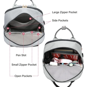 Detail view of the multi-compartment interior with striped lining and functional pockets