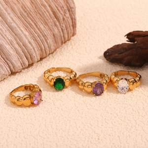 Vintage Chunky Beaded Ring For Women 18K Gold Plated Stainless Steel Oval Zircon Retro Bubble Band Jewelry