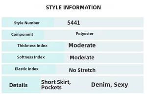 Größen- und Materialtabelle für einen Vintage-Jeansrock mit praktischen Taschen