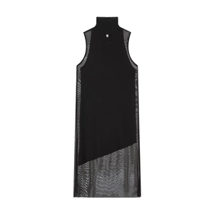 Sleeveless high neck black double layer dress with mesh patchwork and side sheer detailing