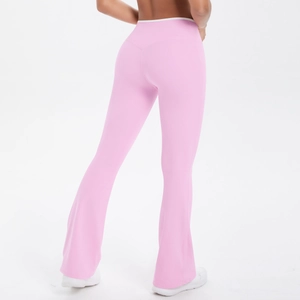 Detail of high-waisted pink yoga flare pants with white contrast waist trim and back view