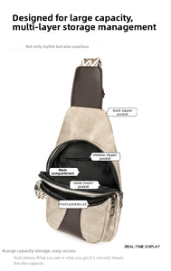 Internal structure of khaki canvas chest bag showing multiple functional pockets and zippers