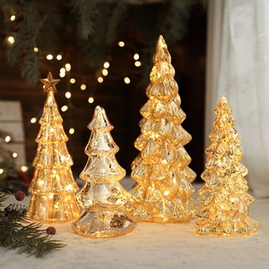 Set of 4 golden mercury glass Christmas trees with warm LED lights for tabletop decor