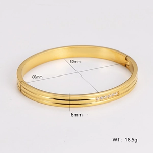 Gold-plated stainless steel cubic zirconia oval bangle with 50mm-60mm inner diameter
