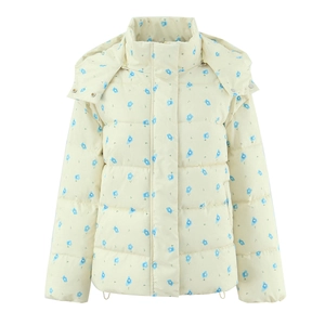 Women Hooded Quilted Jacket Floral Print Polyester Padded Winter Warm Retro Ethnic Style Cotton Coat Outerwear