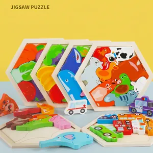 Educational hexagonal 3D wooden puzzles for kids with colorful animal and vehicle themes