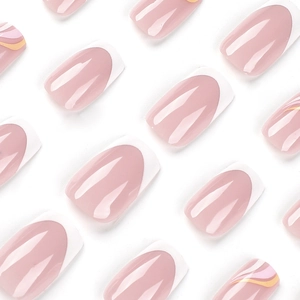 Pink and white French press-on nails with tri-color wave patterns in square round shape