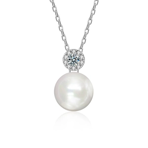 Moissanite and freshwater pearl pendant necklace in S925 sterling silver on white background