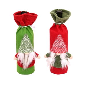 Christmas gnome wine bottle covers set with green and red felt and knitted hats