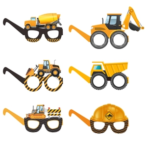 Set of 6 construction themed paper party glasses featuring excavators and dump trucks