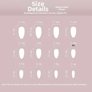 Detailed almond shape press-on nail size chart with 12 dimensions for pink checkerboard set
