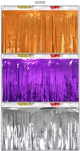 Three-color tinsel fringe table skirts for Halloween parties in orange, purple and silver