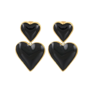 Elegant 18k gold plated stainless steel double heart drop earrings in black enamel finish