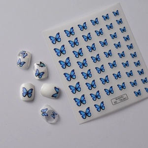 3D embossed blue butterfly nail stickers with application samples for DIY nail art