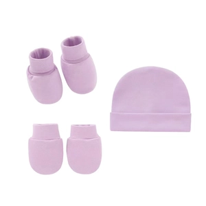 Soft lilac cotton knit baby hat, mittens, and booties set for newborns on white background