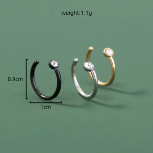Detailed size chart showing U-shaped faux nose rings in gold, silver and black finishes