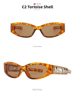Detail view of tortoiseshell cat-eye sunglasses with silver star cutout on temples