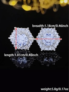 Detailed view of silver hexagonal stud earrings with cubic zirconia and size dimensions