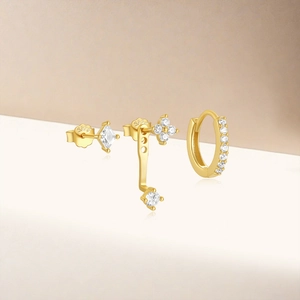 Detailed close-up of S925 sterling silver gold evil eye and geometric earring set with gems