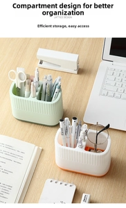 Close-up of dual-color desk organizer with multi-compartments and vertical stripes