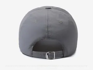 Rear view of quick-dry baseball cap in dark grey with adjustable metal buckle strap