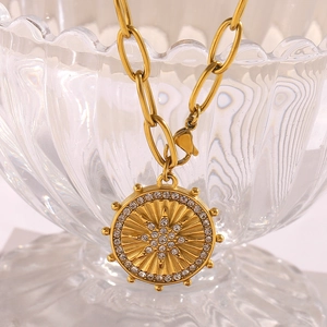 18K gold plated stainless steel necklace with sunburst coin pendant and sparkling crystals