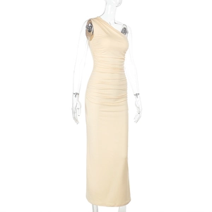 Detailed view of apricot one-shoulder ruched dress with slim fit and elegant floor-length cut