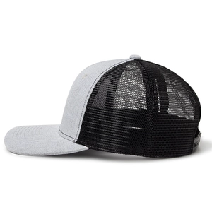 Classic grey and black trucker hat with mesh back and adjustable snapback closure