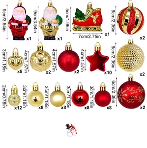 Detailed overview of red and gold Christmas ornaments set with specific sizes and quantities