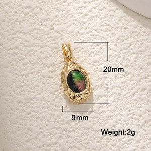 Macro detail of handmade gold teardrop pendant with abalone shell inlay and dimensions