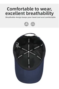 Detailed interior of navy mesh baseball cap with six-panel design and adjustable strap