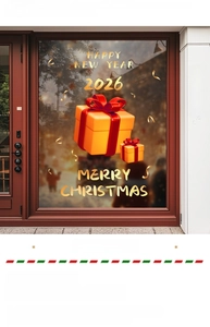 Close-up of golden Christmas gift box window stickers with Happy New Year 2026 lettering