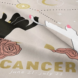 Macro shot of Cancer zodiac tapestry showing cotton texture and dusty rose floral print