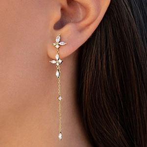 Elegant gold drop earrings with zircon butterfly floral studs and long tassel chain links