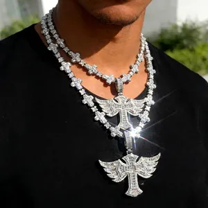 Hip Hop Cross Pendant Necklace With Wings Copper Iced Out Zircon Streetwear Jewelry For Men