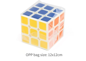 Detailed view of a 3x3 speed cube in a transparent 12x12cm OPP bag packaging