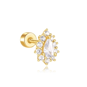 Macro detail of S925 sterling silver gold stud earring with teardrop zircon stone