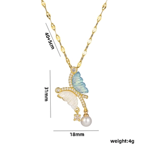 Asymmetric butterfly pearl necklace in gold finish with 40+5cm chain for women